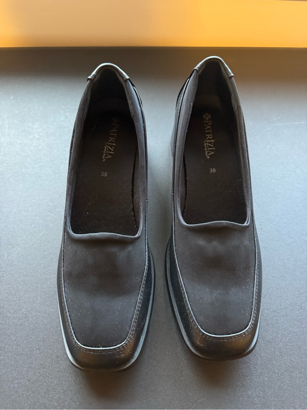 Patrizia Black Slip-On Square-Toe Heeled Loafers — Cushioned Everyday Comfort